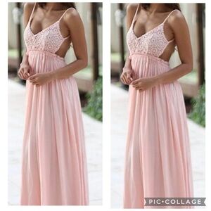 MISS AVENUE Women’s Pink Maxi Dress Lace Crochet Top Backless Fully Lined Size S